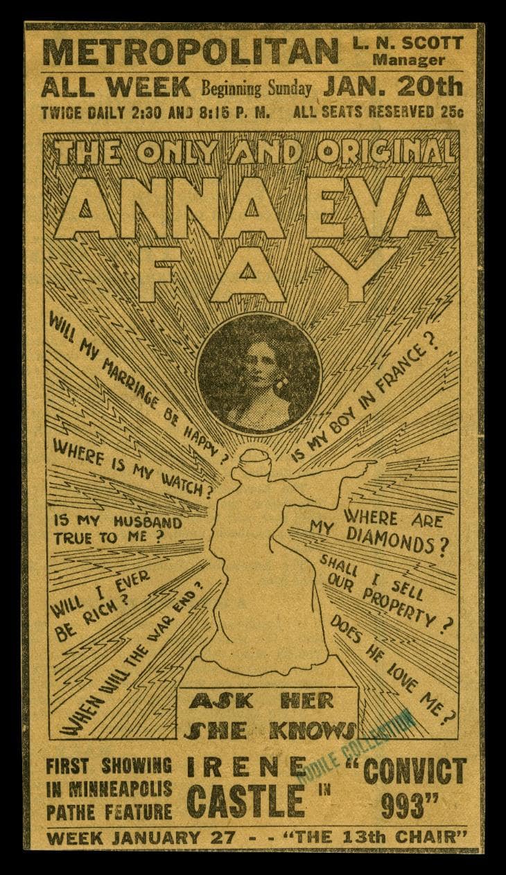 Theatre handbill for Anna Eva Fay's question-and-answer act